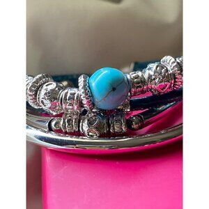 Avon Turquoise & Silver Charm Bracelet With Faux Leather Strap & Adjustable Clas